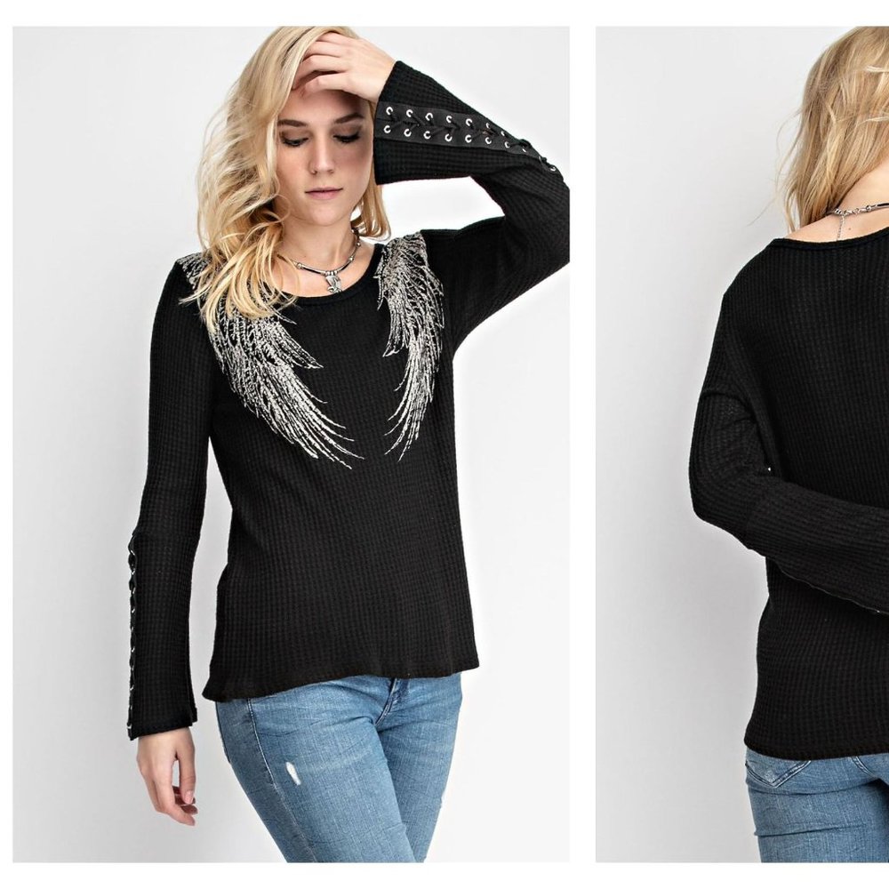 Women's Long Sleeve Top with Wings and Lace Up Grommet Detail